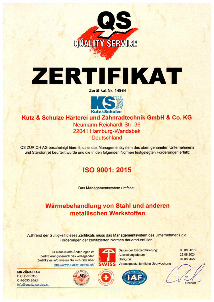 Härterei Kutz & Schulze - ISO 9001 Zertifizierung 